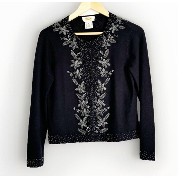 VTG Talbots Women Beaded Cashmere Silk Cardigan Blazer Size S Black Old Money - Picture 1 of 10